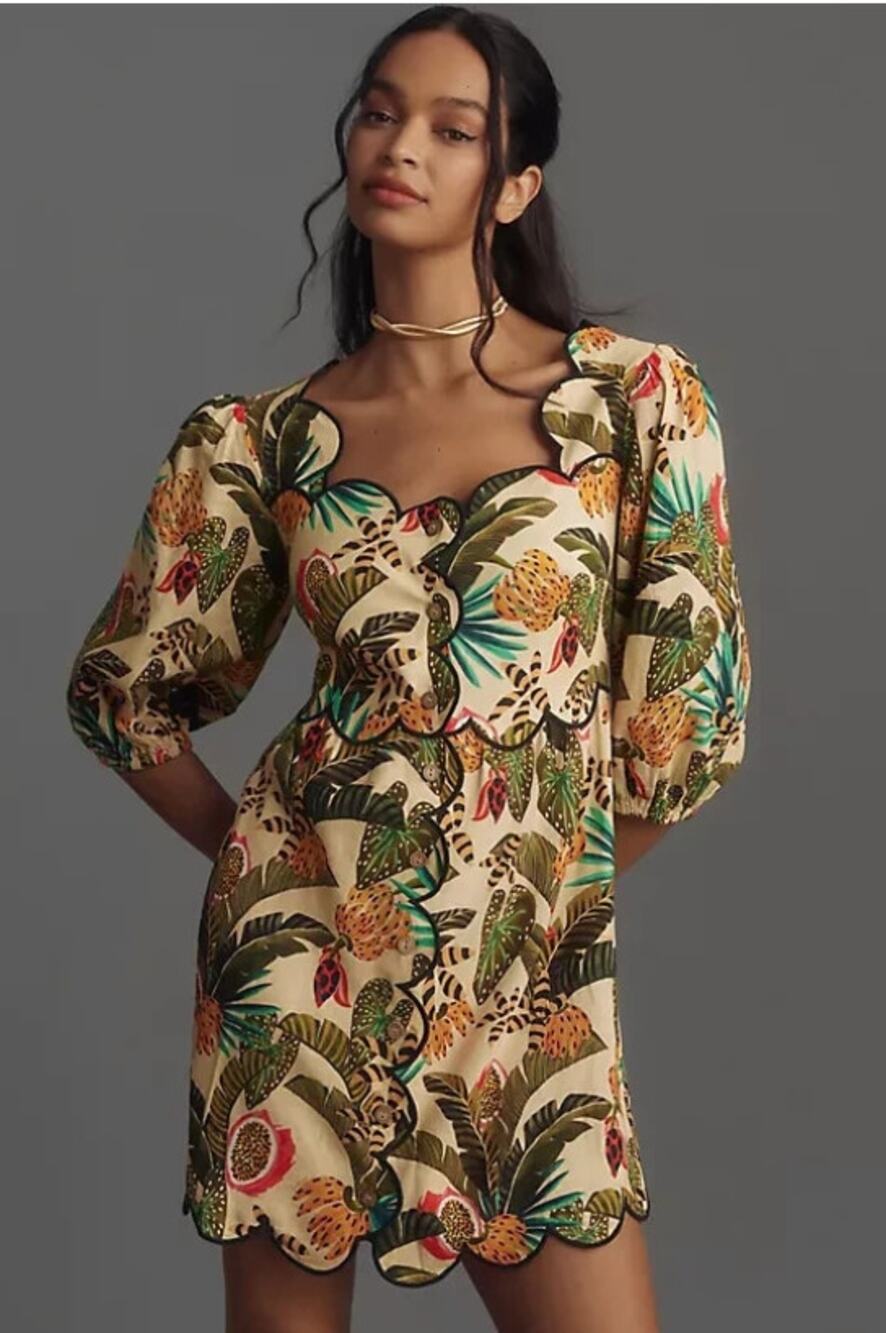 Farm Rio Anthropologie Tropical Fruit Linen Blend Mini Dress Scalloped XL